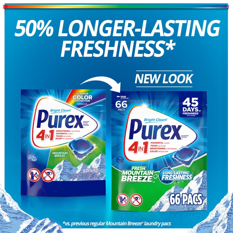 Purex 4-in-1 Laundry Detergent Pacs, Mountain Breeze, 66 Count, Brightening and Whitening, Powerful Clean, Tough on Stains, Boost of Freshness - Image 3